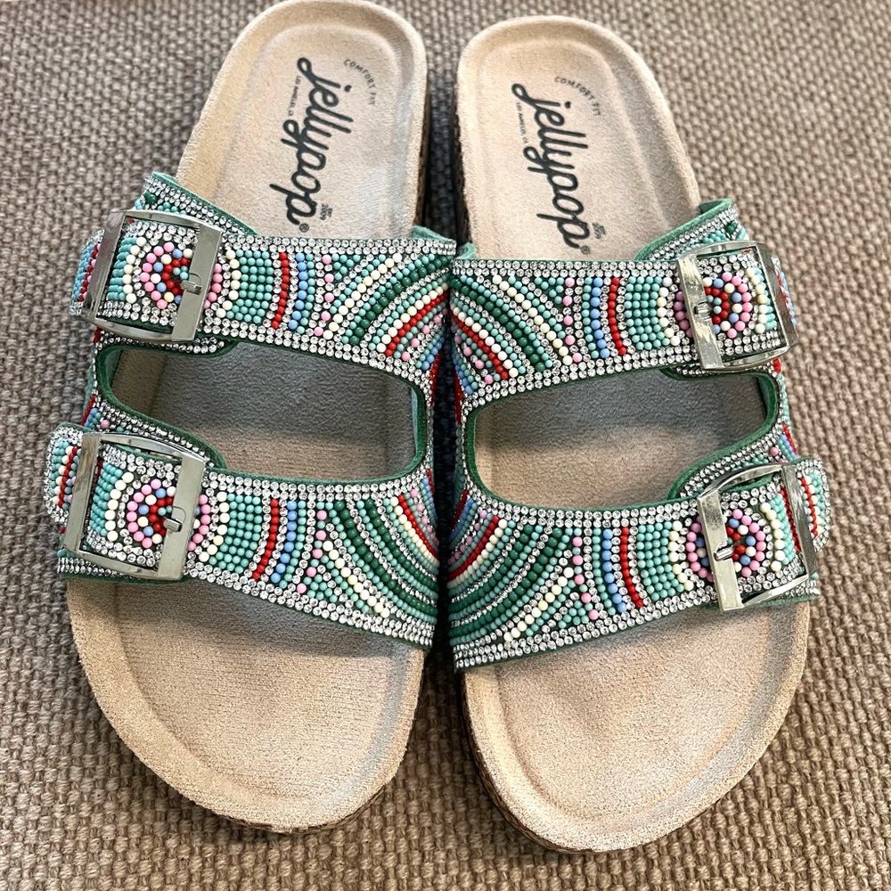 Jellypop Green Multicolor Beaded Double Buckle Slide Sandals